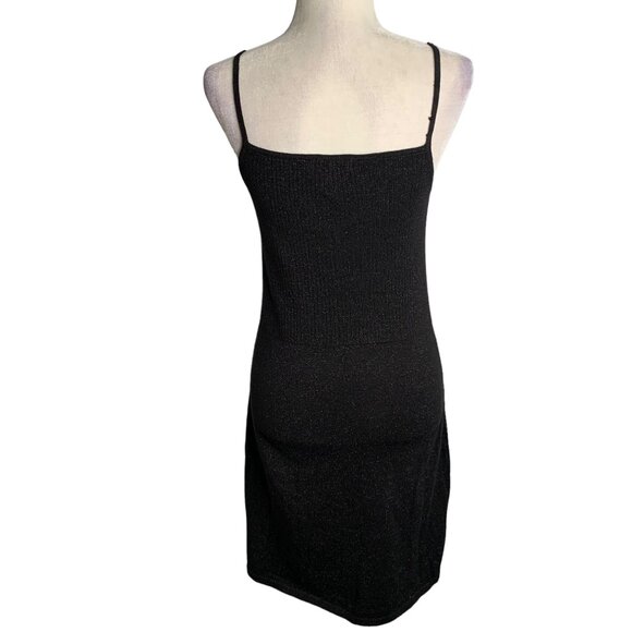 Vintage 90s Esprit Ribbed Knit Mini Dress M Black Metallic Spaghetti Straps - Picture 7 of 9